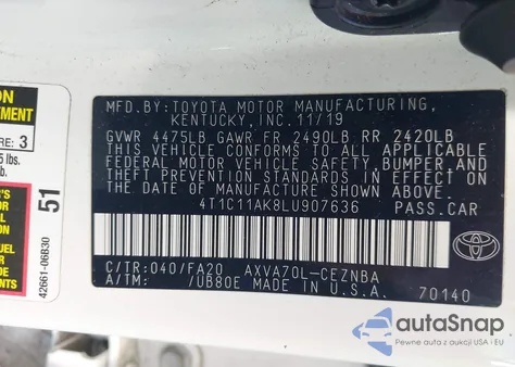 2020 Toyota Camry Le из США, поврежденный, VIN 4T1C11AK8LU907636